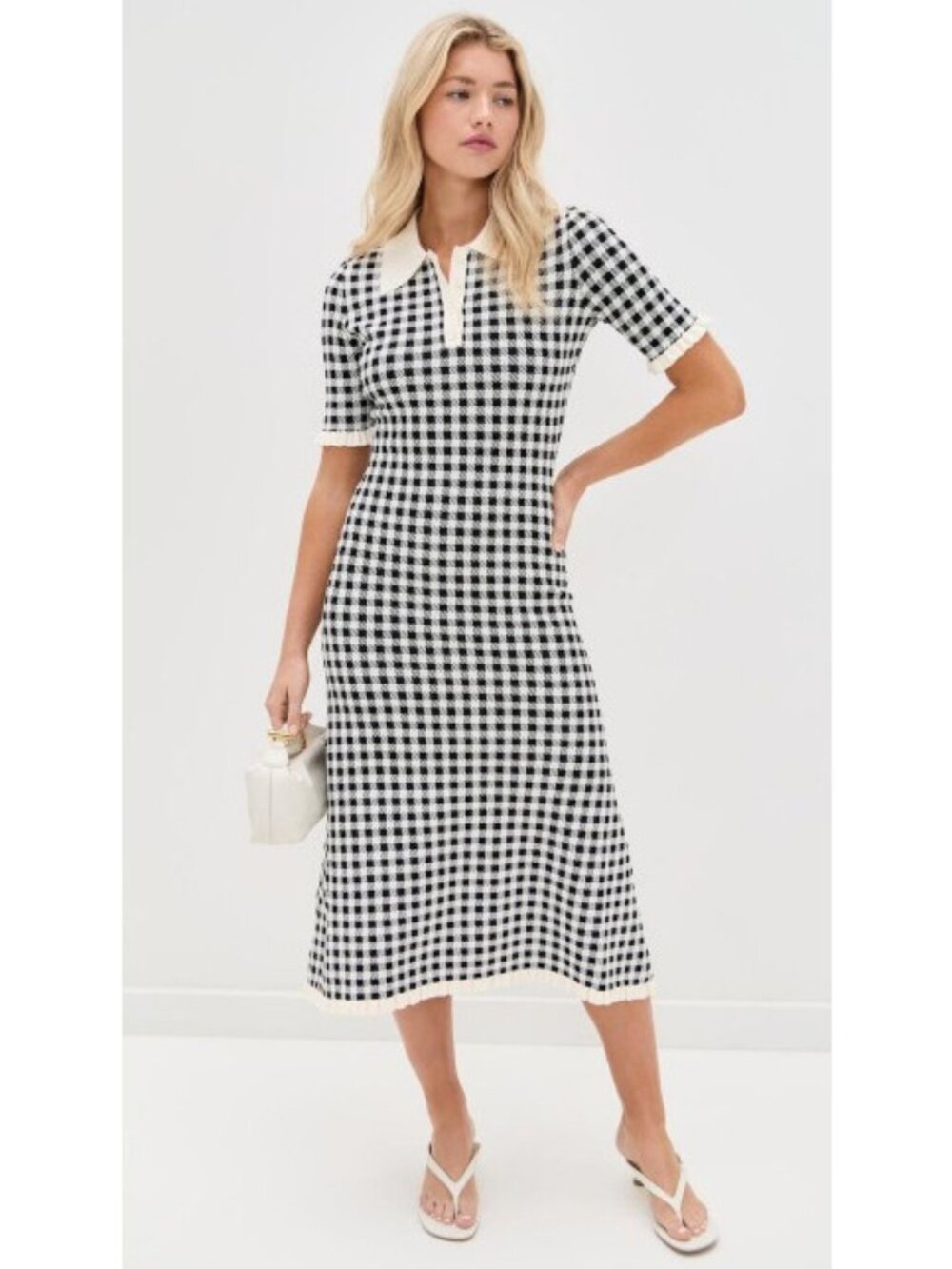 Sea Saige Short-Sleeve Knit Gingham Dress size M color black white NWT mspr $395